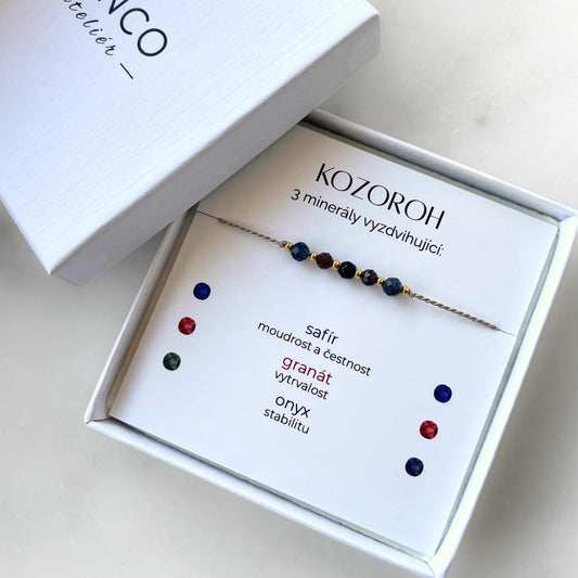 Bílá krabička, ve které je náramek vytvořený z hedvábného provázku a pěti minerály. Náramek je upevněn na promo kartičce s nápisem Kozoroh. Náramek je udělán na téma Znamení Zvěrokruhu. Karta také obsahuje vysvětlivky ke každému použitému kameni: Safír pro Moudrost a Čestnost, Granát pro Vytrvalost, Onyx pro Stabilitu